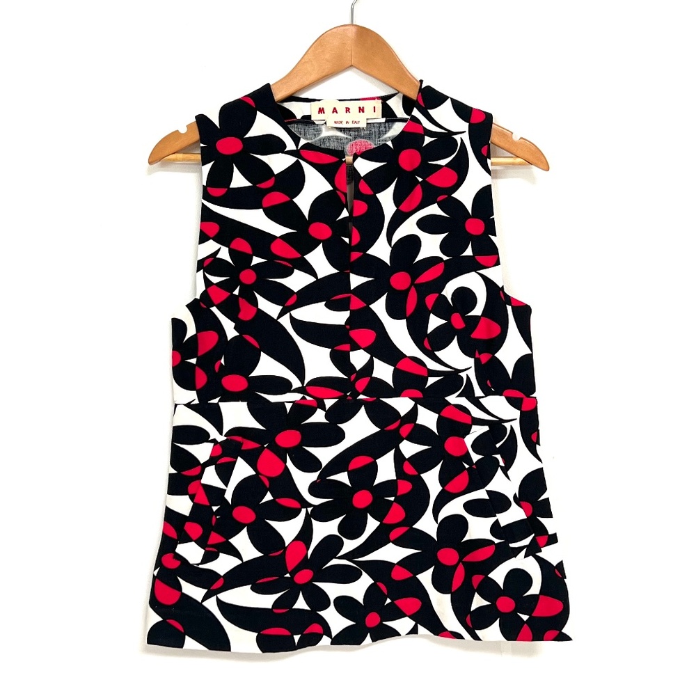 Marni Floral Print Sleeveless Top Linen Blend in White / Pink / Black